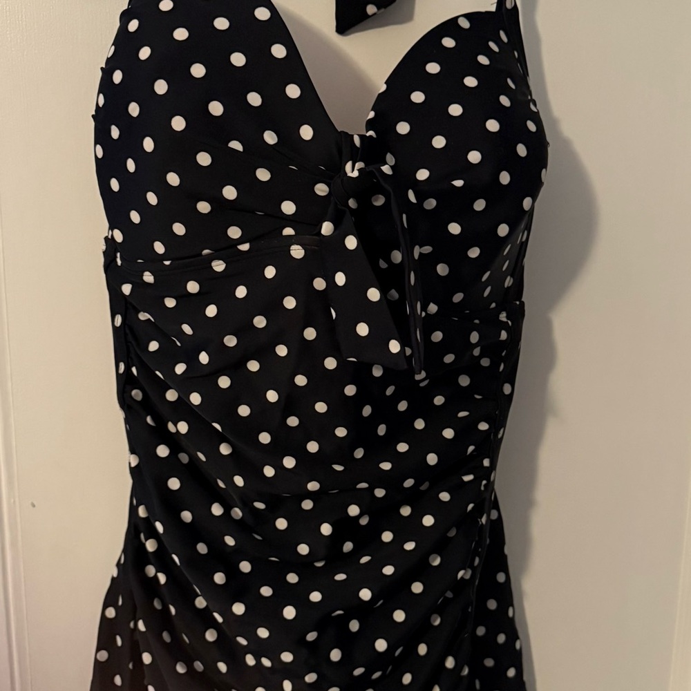 Black and White Polka Dot Halter swimdress